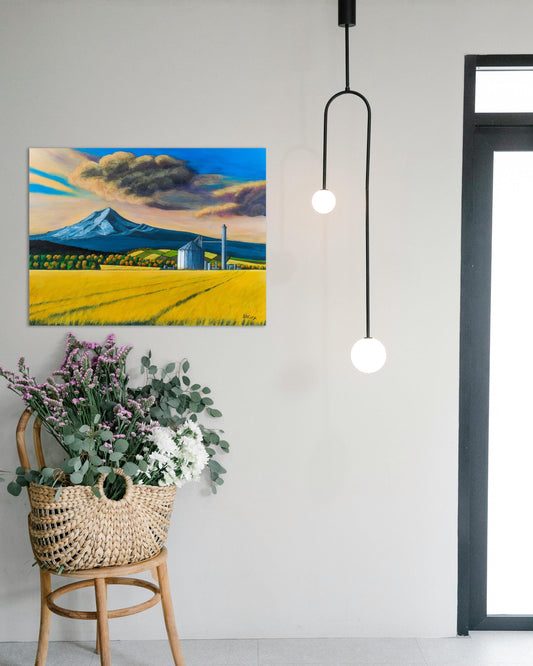 Golden Fields Beneath Snow-Capped Peaks - Original Acrylic Painting on Wood Panel