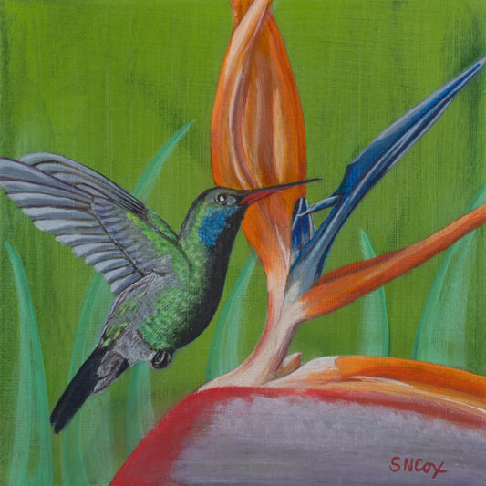 Paradise Birds: Hummingbird and Bird of Paradise on Bright Green Canvas